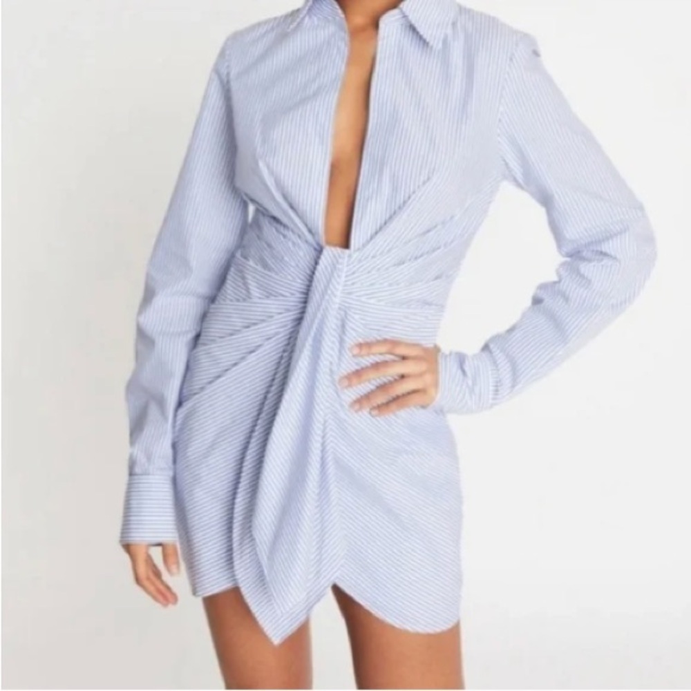 Choosy Button-Down Shirt Dress Tie Front Blue White Stripe Mini Size 0 XS